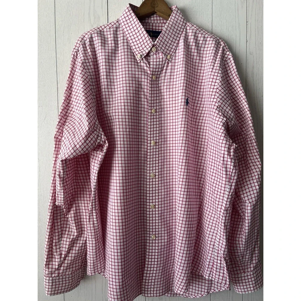 Polo Ralph Lauren Shirt Mens XL Red Pink Check Cotton Button Down Blue Pony